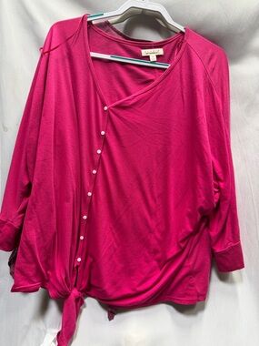 Style & Co. Women's Long Sleeve Button Front Knot Top - Fuchsia Pink